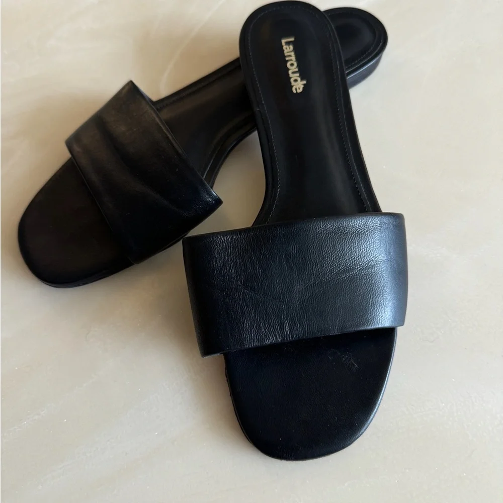 Larroude Black Leather Slide Sandals